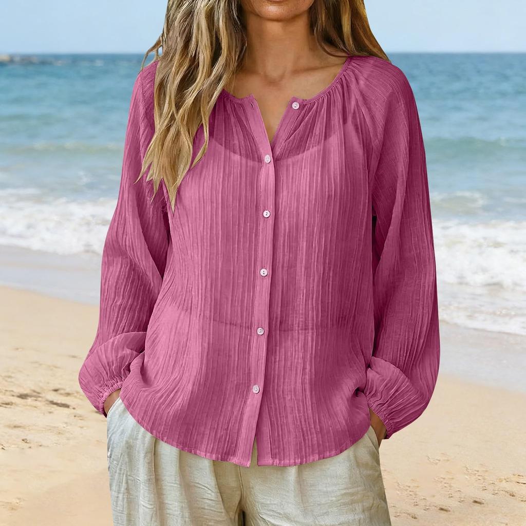Women’s Long Sleeve Loose Fit Button Down Blouse Lightweight Pleated Top Casual Shirt for Daily Wear