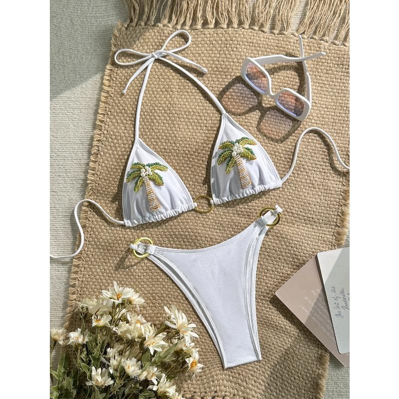 Sexy White Palm Tree Embroidery Bikini Set Women Push Up Bra Metal Ring Linked Thong Swimsuit 2026 Holiday Bathing Suit Swimwear S белый