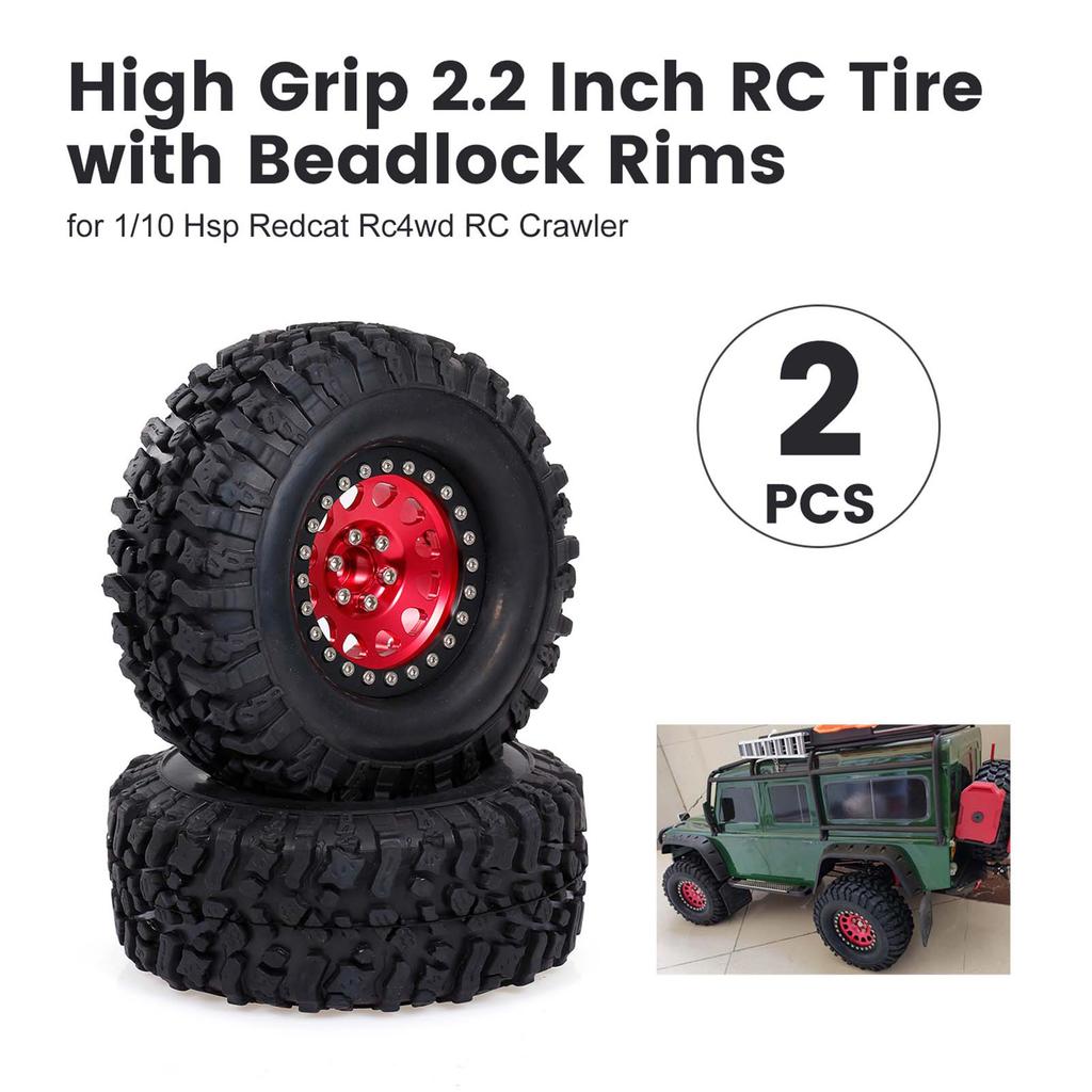 2PCS High Grip 2.2 Inch RC Rubber Tire Alloy Beadlock Rims Wheel Upgrade Parts for Traxxas Hsp Redcat Rc4wd  Axial