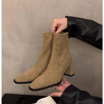 Vintage Damen Stiefeletten 2025 Mode Eckige Zehenpartie Dicke Hohe Schuhe Herbst Winter Neu Damen Elegant Stretch Schlank Kurze Stiefeletten
