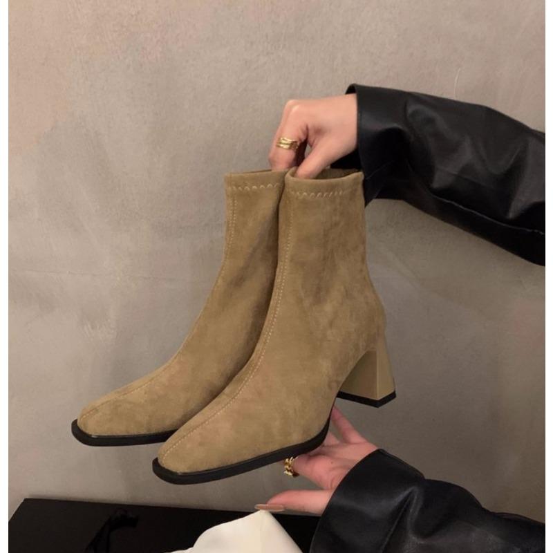 Fashion Vintage Women Ankle Boots 2025 Fashion Square Toe Thick High Shoes Autumn Winter New Ladies Elegant Stretch Slim Short Booties