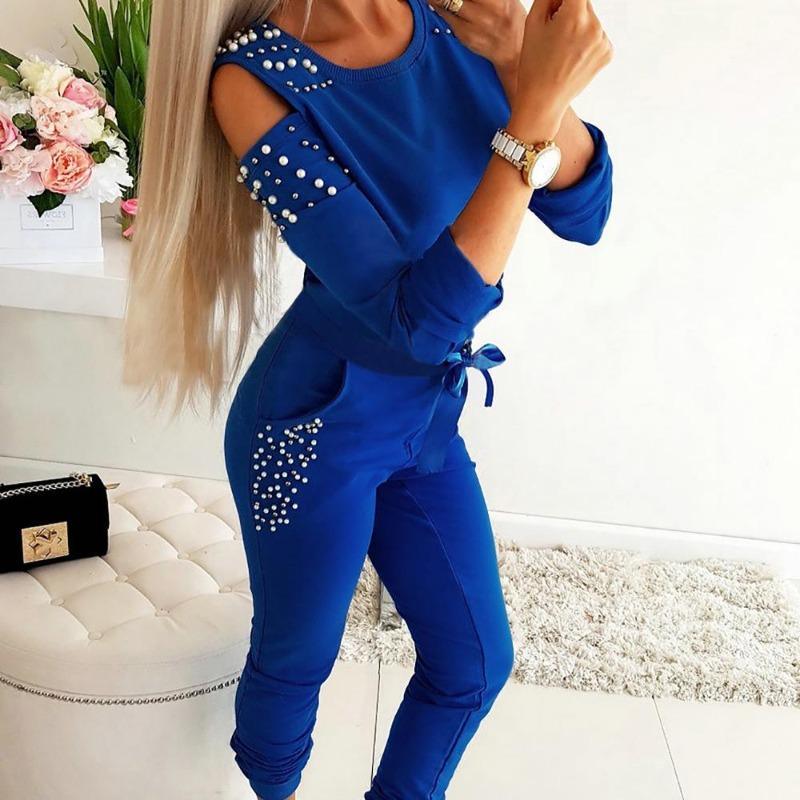

Женский спортивный костюм из 2 предметов, спортивный костюм с открытыми плечами, однотонный топ с круглым вырезом, расшитый бисером, брюки, костюмы S синий