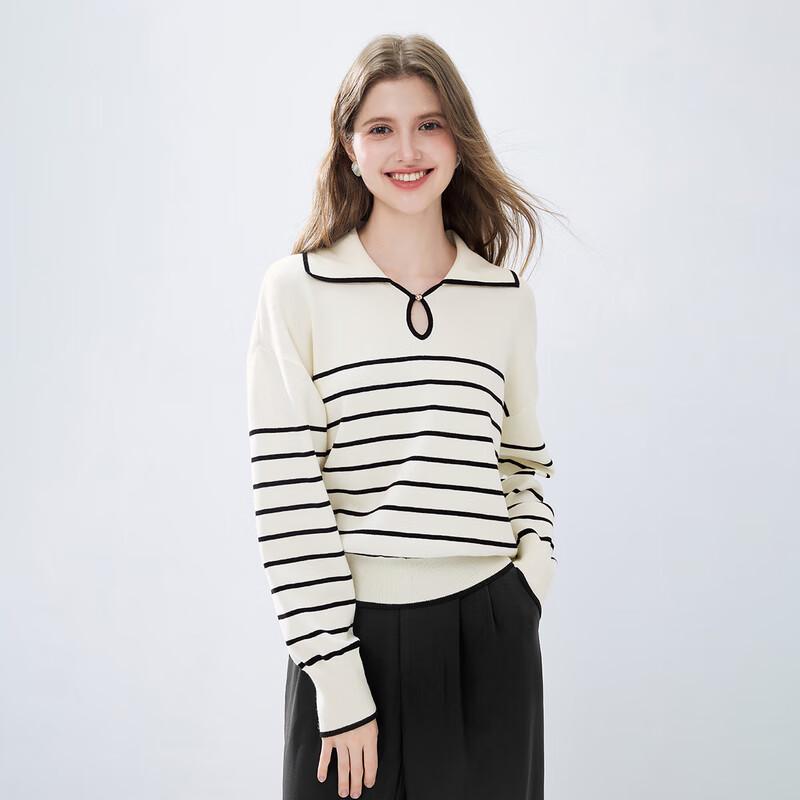 Qiushuiyiren Women's Striped Turn-Down Collar Knit Sweater
