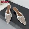 Fashion Pointed Toe Fashion Mesh Women Heeled Slippers Shoes Mules Ladies Low Heel Slippers Female Slides Sandals Pumps Big Size 43
