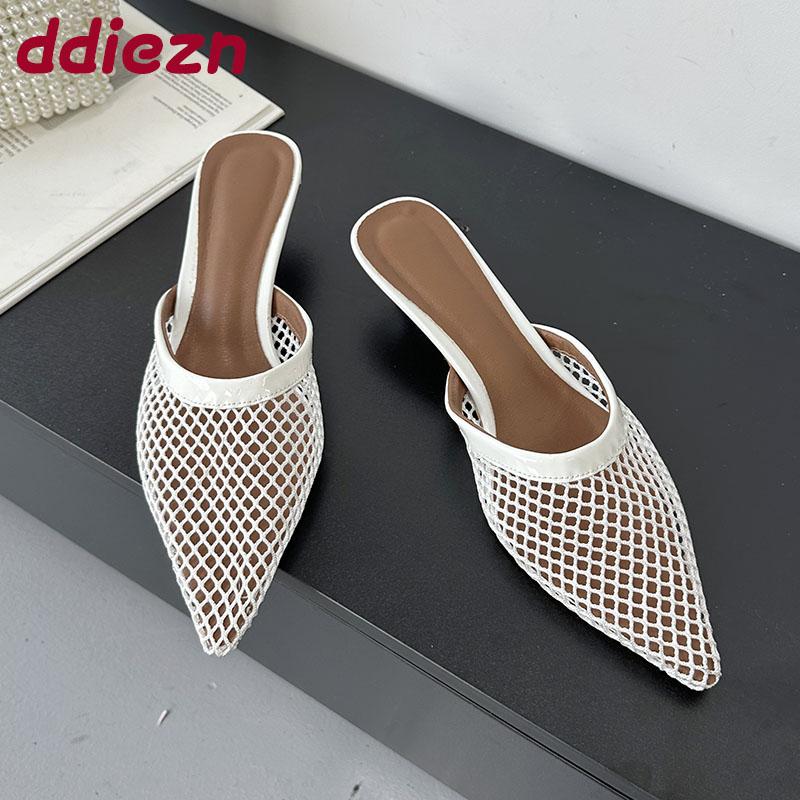 Fashion Pointed Toe Fashion Mesh Women Heeled Slippers Shoes Mules Ladies Low Heel Slippers Female Slides Sandals Pumps Big Size 43