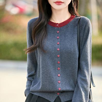 Autumn Winter O Neck Single Breasted Patchwork Knitting Coat Women Casual All-match Cardigan Sweater Top