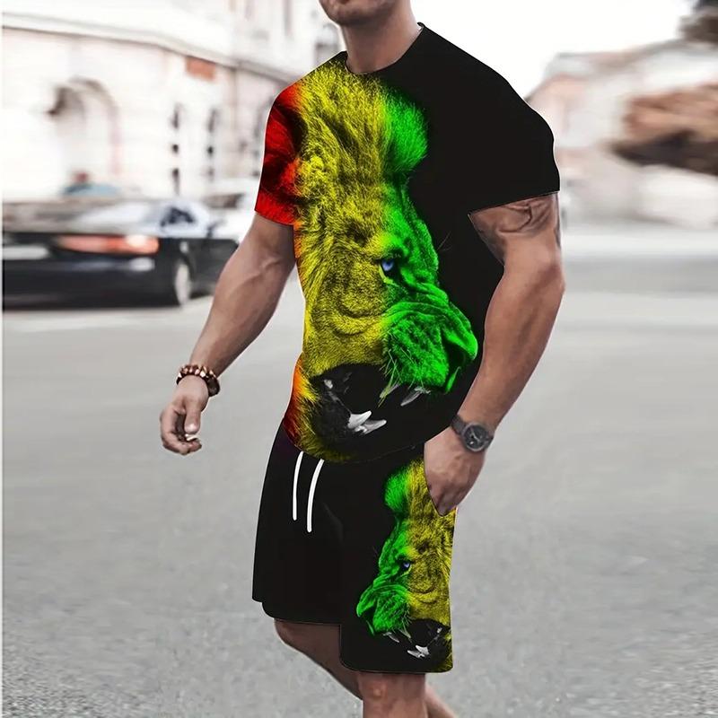 Fashion Men's Sportswear Suit Printed Tiger Pattern Oversized Men's Top Y2K Style Breathable Fresh Short Sleeve Shorts Suit