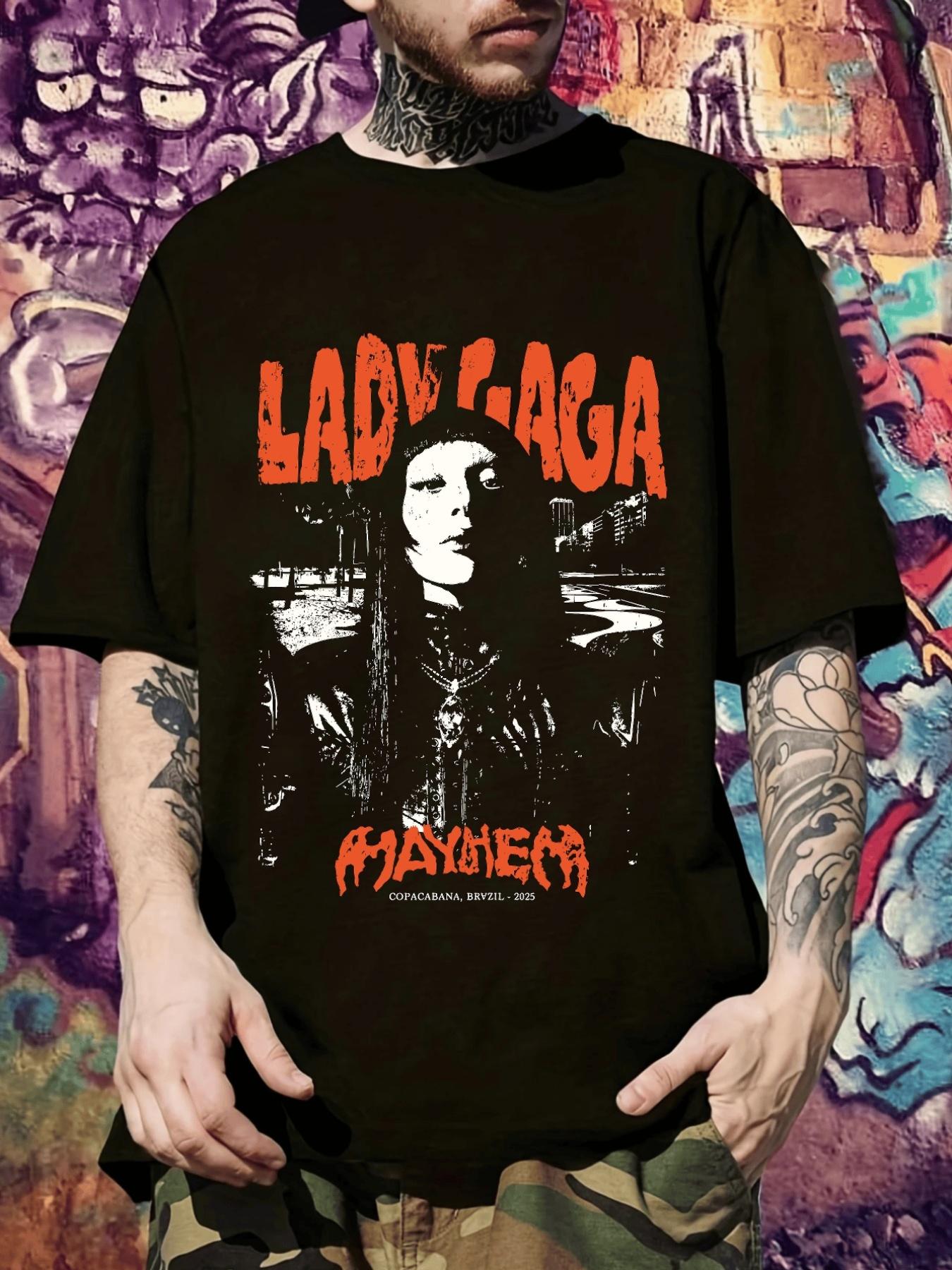

Lady Gaga Graphic T-shirt - Black Casual Short Sleeve Tee with Red & White Print XL