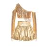Meisjes Performance Outfit Metallic Glanzend Cold Shoulder Crop Top Lange Mouwen Kwastjes Design Feest Bellenrok