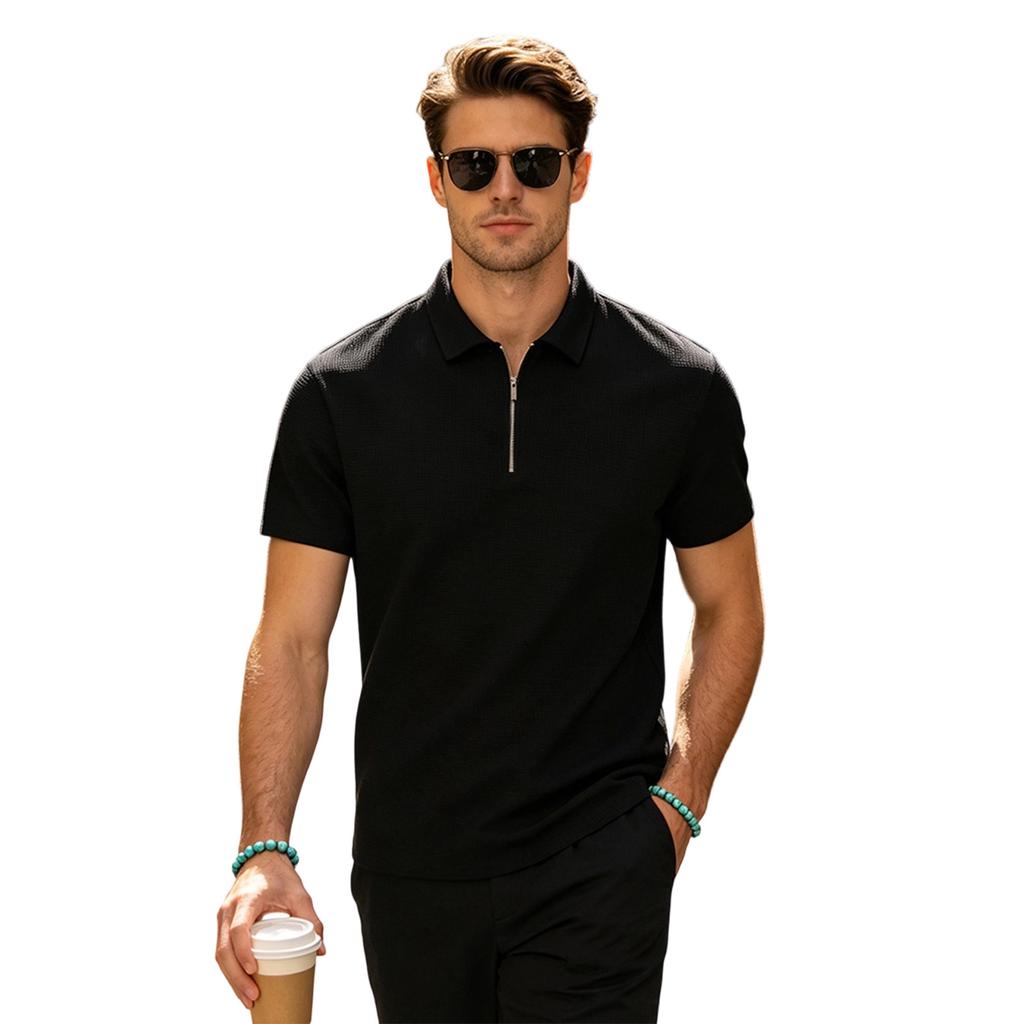 Men's Waffle Knit Short Sleeve Polo Shirt with Zip Collar Breathable Lightweight Casual Top for Summer