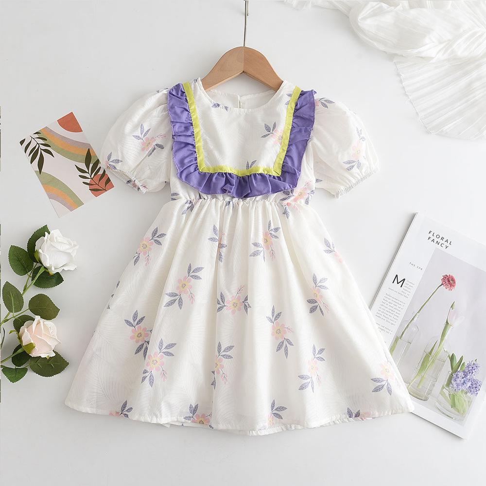 Girls Summer Cottagecore Dress Sweet Floral Print Ruffled Hem Princess Party Picnic Outfit Casual Cute Sundress For Kids 100cm фиолетовый