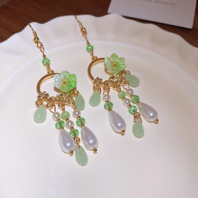 New Chinese Flower Round Drop Tassel Ear Hook Ethnic Style Retro Female Drop Earrings Fashion Personality Earrings for Women
