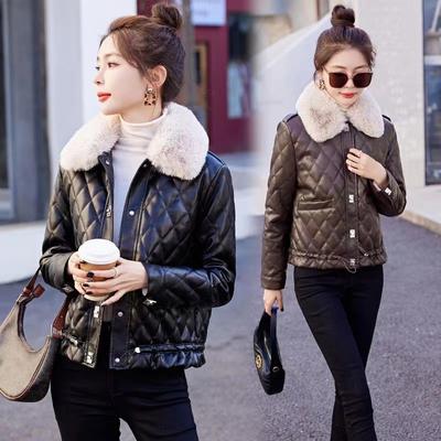 Winter Small Leather Coat Women's Short New Winter Coat Velvet Thickened Rhombus Plaid Leather Cotton Jacket Trendy