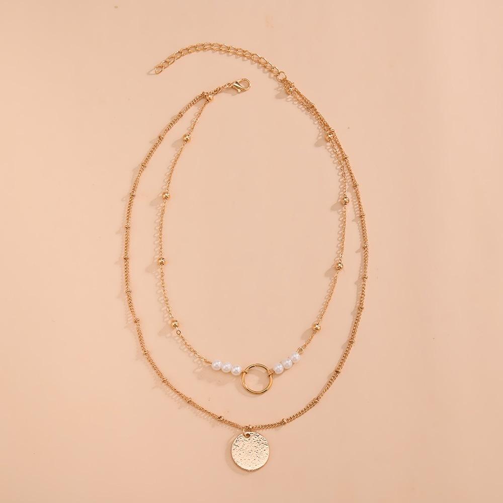 Personality, geometric disc pendant, pearl double stacked women's necklace
