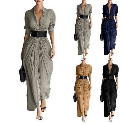 Women's Color Fashionable Collared Button,Down Shirt Dress With Belt