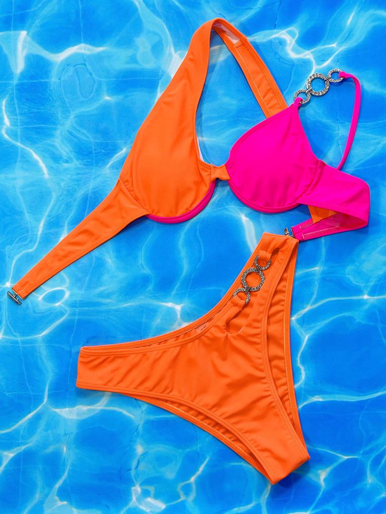 Push Up Bikinis Set One Shoulder Block Color Bikini Women Swimsuit Thong Female Swimwear Biquini Bathing Suit Swimming Suits