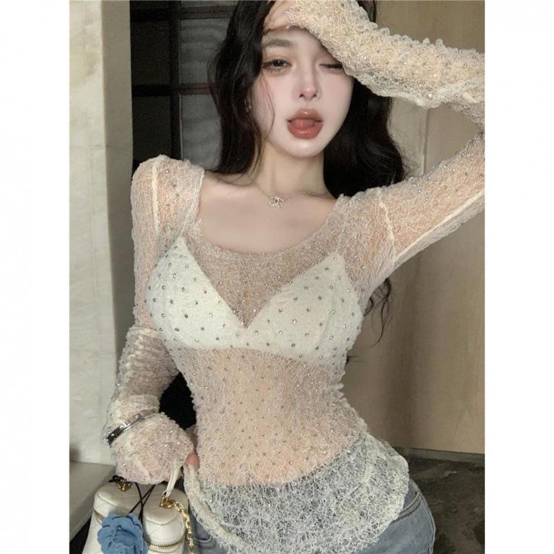 Rhinestone Lace See-through Long Sleeve Women s Summer Top - Slim Fit Versatile Design Cover-up M