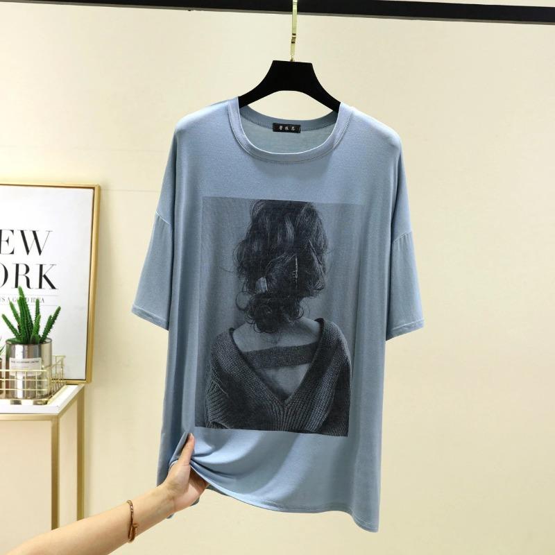 T-shirt Women Versatile Summer Casual Large Size Loose Round Neck Pullover Short-sleeved Tops