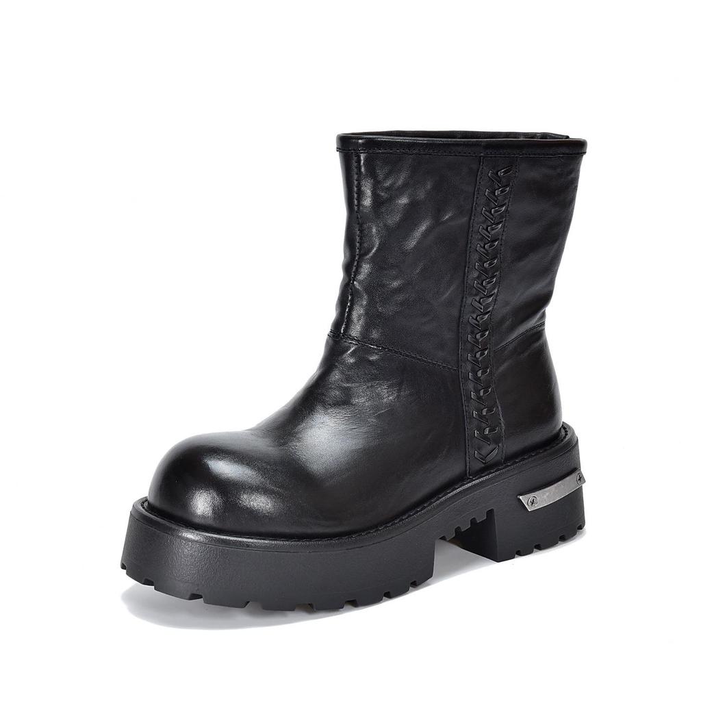 Johnature Genuine Leather Thick Soled Thick Heel Mid-calf Boots Plush Warm Women's Slip-on Boots