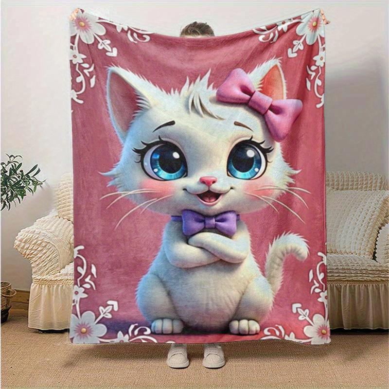 1PC Cute Cartoon Cat Throw Blanket - Seasonal Home Decor, Cartoon Blanket, for Decorating Your Own Sofa and Living Room, Super Soft Flannel,