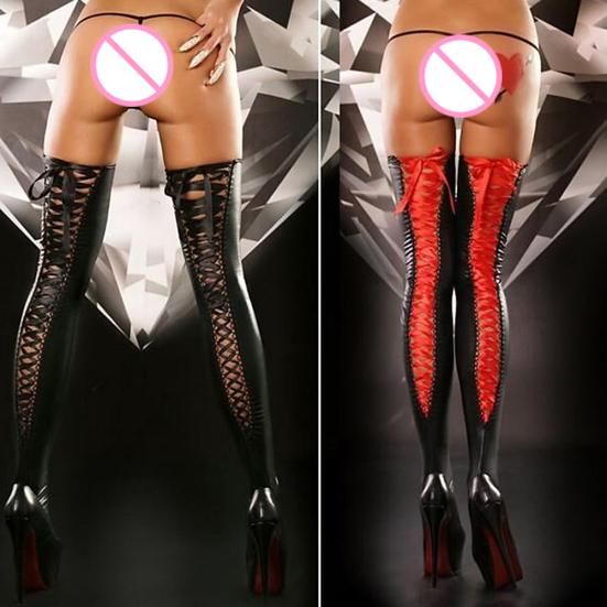 Dámské sexy punčochy po stehna z umělé kůže šněrovací bandáž dlouhé ponožky
