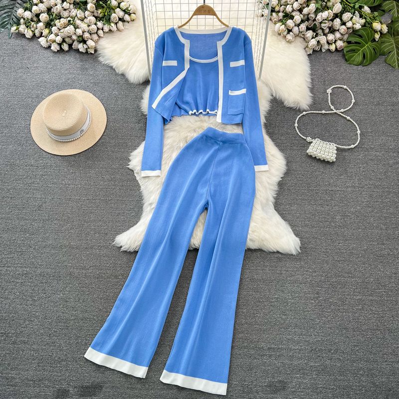 Fashion Suit K-style Long Sleeves Contrast Color Knitting Cardigan Coat Vest Three-Piece Set High Waist Slimming and Straight Loose Pants