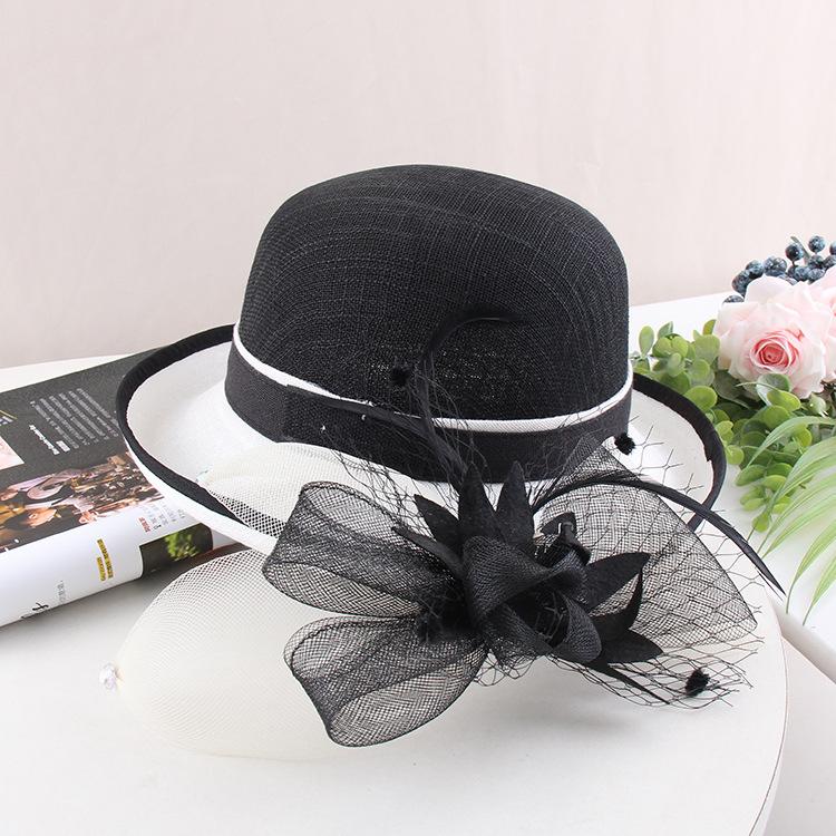 European And American Hepburn Style Black And White Crimped Top Hat, Linen Material Elegant Flower Fashion Hat, Women'S Summer Sunscreen Sunshade