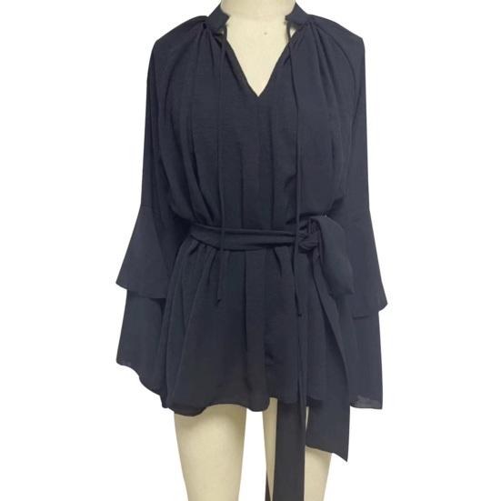 Summer Ruffle Long Sleeve Dress for Women Casual V Neck A-line Swing Mini Dress with Belt Irregular Vacation Dress