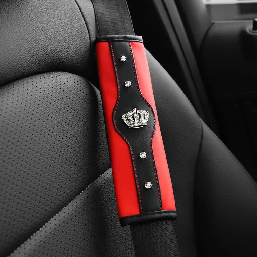 A Stereo Leather Car Seat Belt Shoulder Protector with a Rhinestone Crown and a Car Accessory with an Insurance Belt Cover