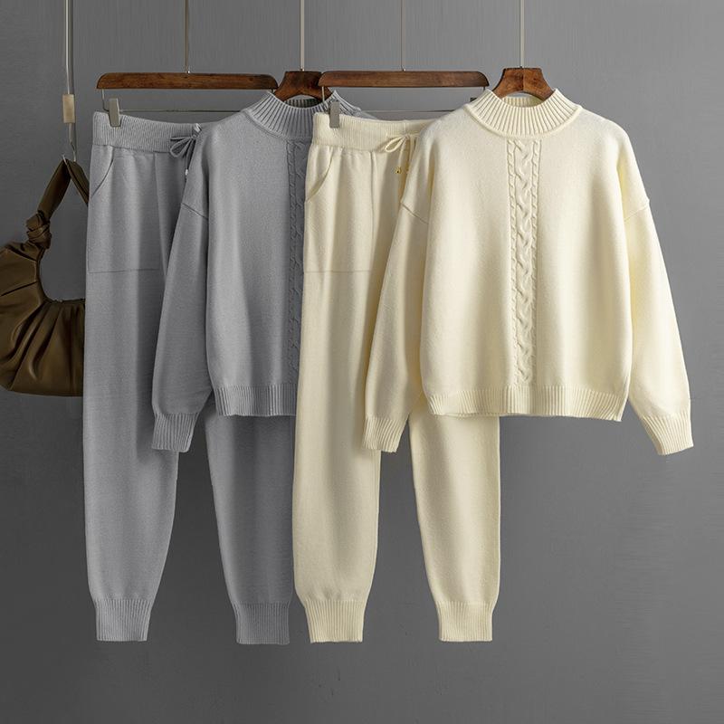 GMXIA Women's Autumn and Winter Semi-high Neck Twisted Knit Set, Casual Sweater, Pullover, Two-piece Set
