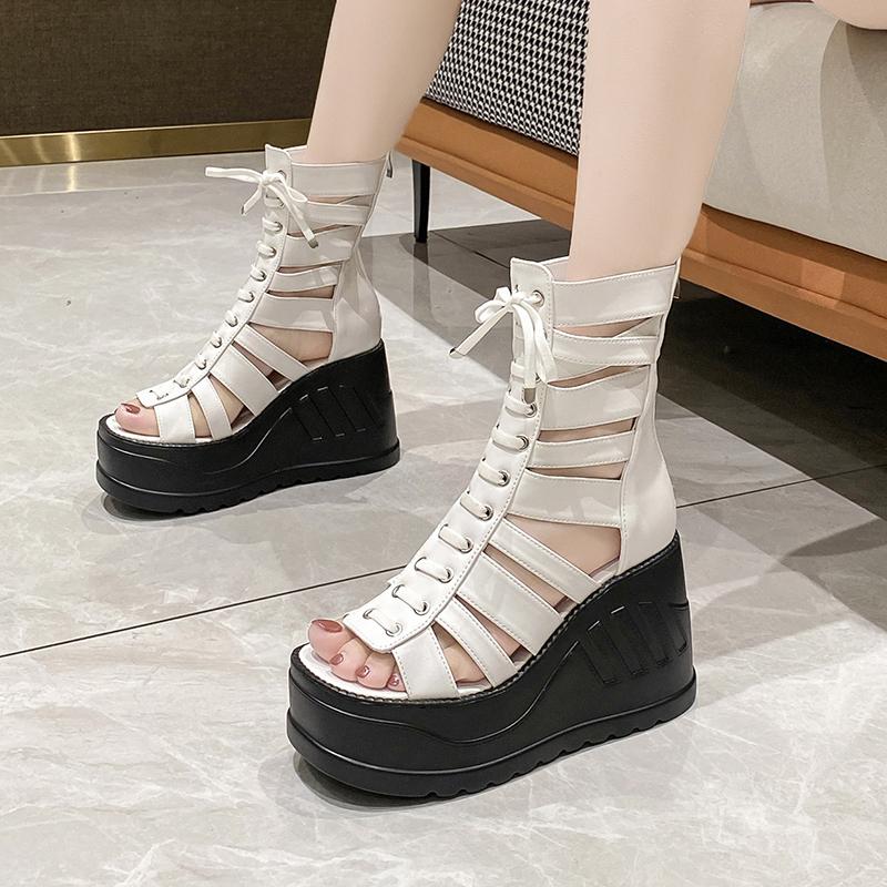 Sandal Platform Ritsleting Belakang Kepala Terbuka Ukuran Besar Kecil 32-43Wanita Sandal Gladiator Wedge Hak Tinggi Ol Elegan Musim Panas 2025Elegan