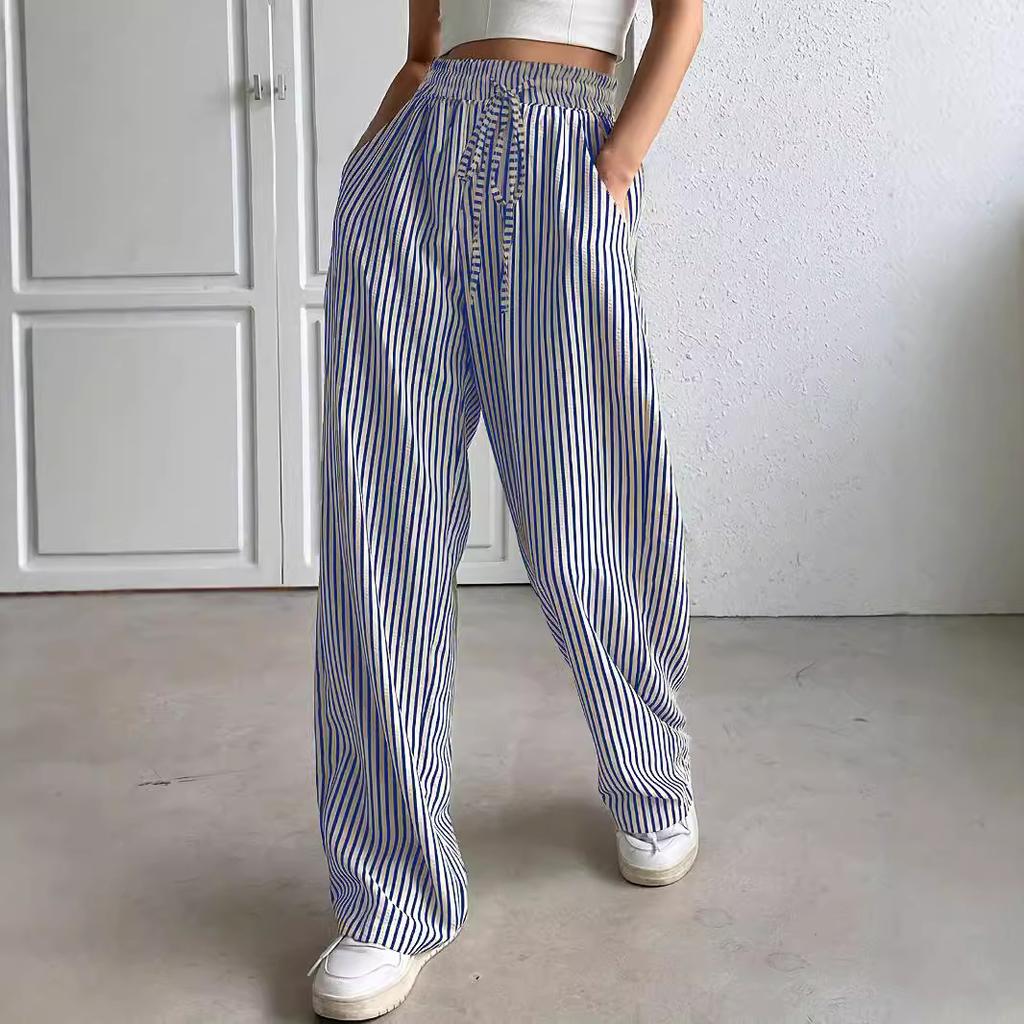 women's Striped Drawstring High Waist Wide Leg Pants Casual Loose Straight Leg Trousers
