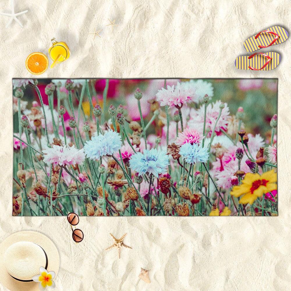 Pastel Wildflower Field Print Microfiber Beach Towel, Sand Resistant Towel for Nature Style Ladies Holiday