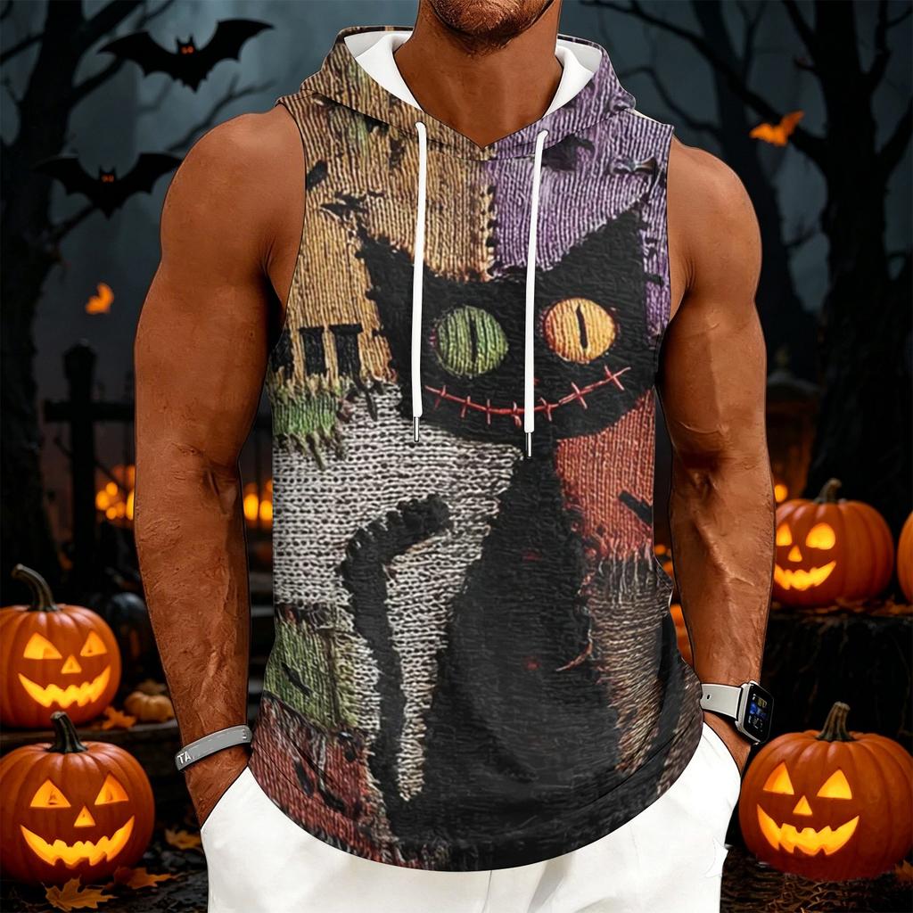 Men's Casual Sleeveless Hoodie with Drawstring Hood Halloween Themed Graphic Print Lightweight Pullover Vest for Everyday Wear