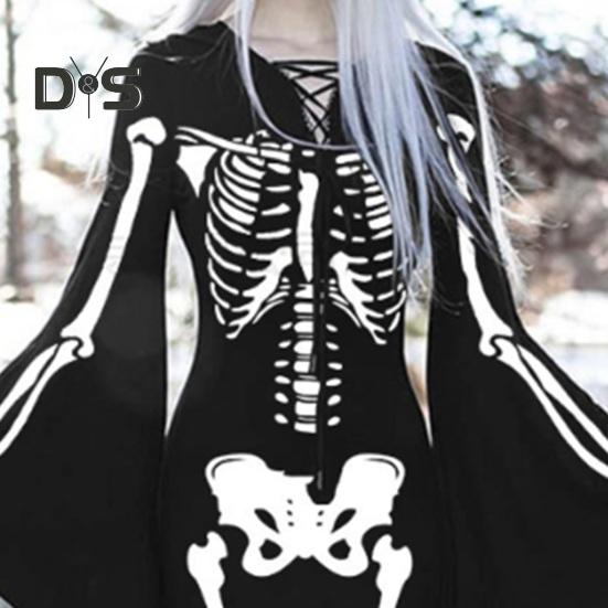 Halloween Dress Long Batwing Sleeve Contrast Color Skeleton Print Irregular Cuff Lace Up Sheath Slim Fit Above Knee Length Halloween Party Cosplay