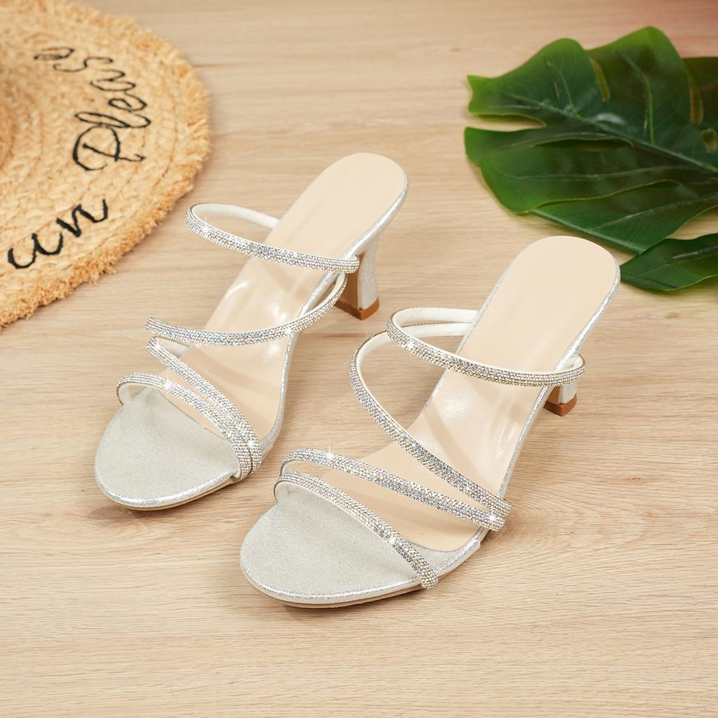 Fashion 2025 Summer Women's New High-heeled Slippers Women's Crystal Decoration Stiletto Banquet Elegant Stiletto Slippers Size 36-43