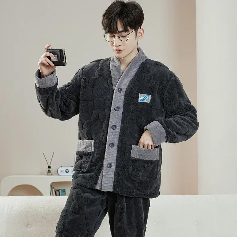 Men's Thicken Warm Pajamas Sets Flannel 2 Piece Sets Sleepwear Male Autumn Winter Home Suit Soft Nightwear Pijama Loungewer