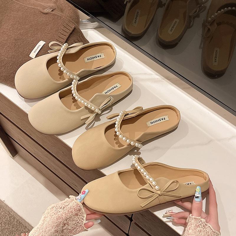Slippers women's summer new soft bottom pearl bow outer wear bag head sandals women