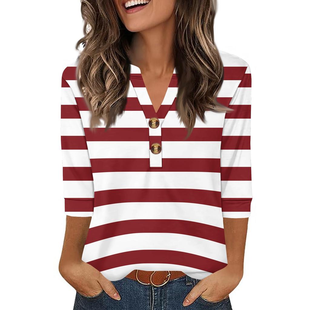 Women's Stylish Casual Striped Print Loose V-neck Button-down Shirt With Cropped Sleeves