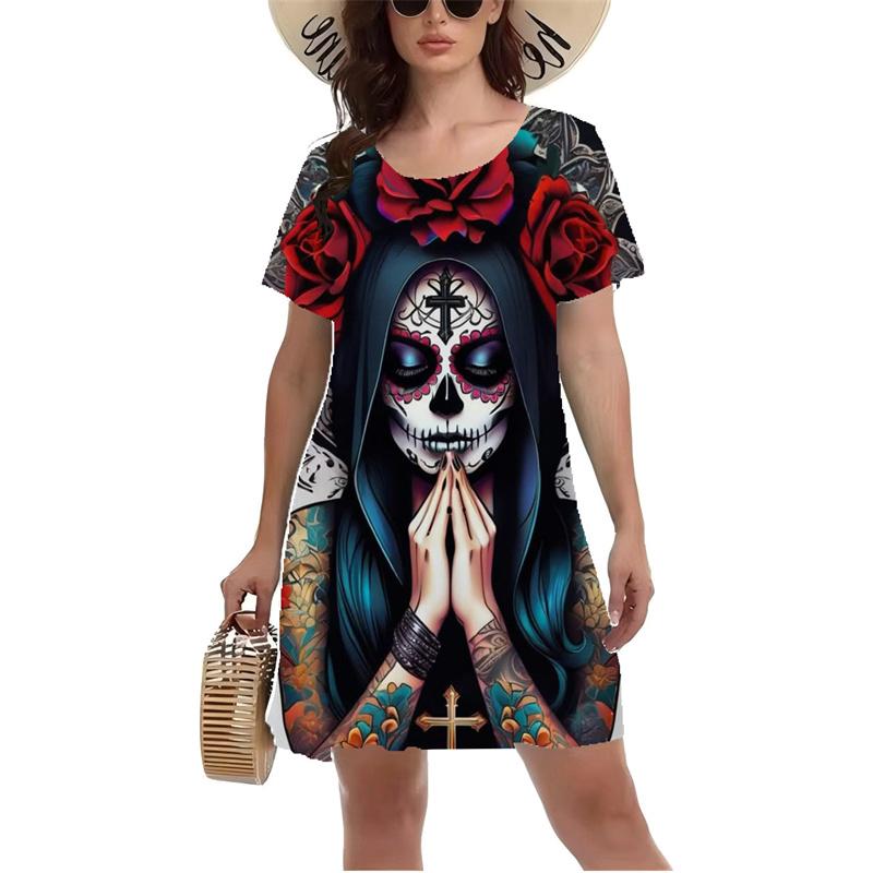 3D Vintage Rose Skull Graphic Print Dress Gothic Style Mini Dress Women Summer Short Sleeve O-Neck Casual A-Line Dress Vestidos