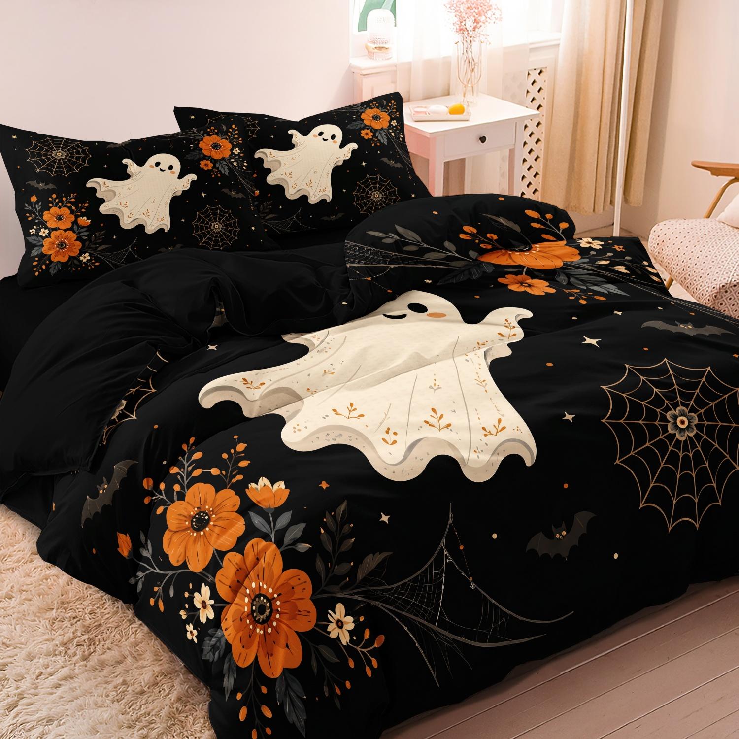 Ensemble de housse de couette 3 pièces Style Bohème Imprimé Automne Halloween, Adorable Fantôme Souriant Fleur d'Automne Orange Toile d'Araignée Motif Chauve-souris Literie 240x210cm(94x83inch)&set