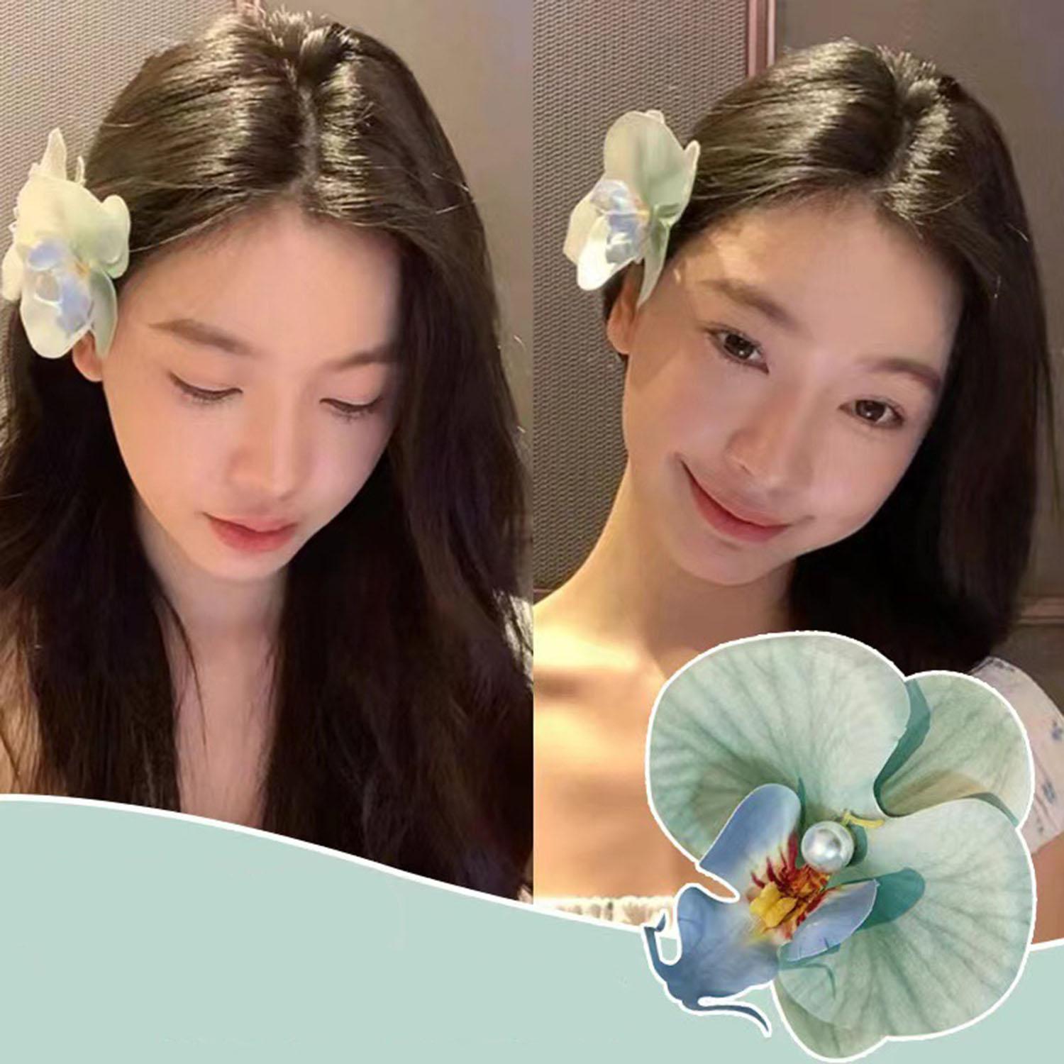 

Sweet Gradient Pinkl Green Orchid Flower Hairpins For Women Korean Pearl Duckbill Clip Seaside Wedding Photo Hair Tool
