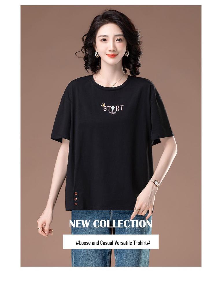 Damski letni bawełniany T-shirt z haftem, o luźnym kroju, plus size, z krótkim rękawem, styl 6313