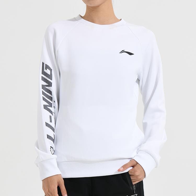 Li Ning Seria Badmintona Logo Boczne Sweter Sportowy Casual z Okrągłym Dekoltem i Długim Rękawem Bluza Damska Standard-Biały AWDSD44-2