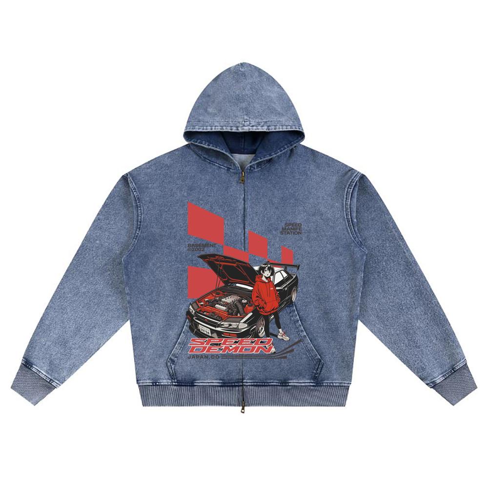 DTG print Knitted Denim Zip-Up Hoodie Racing Car Graphic Brother Print Zipper Hoodies  