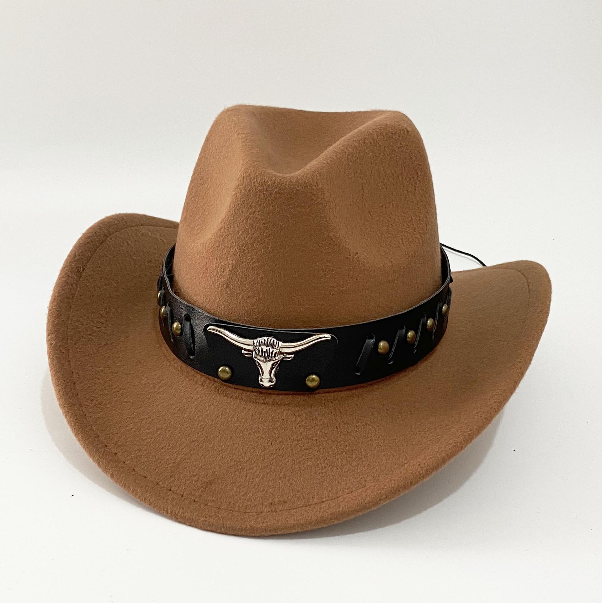 

New Jazz Hat Belt Accessories Western Cowboy Hat Ethnic Style Top Hat Autumn/Winter Cotton Felt Hat темно-коричневого кольору