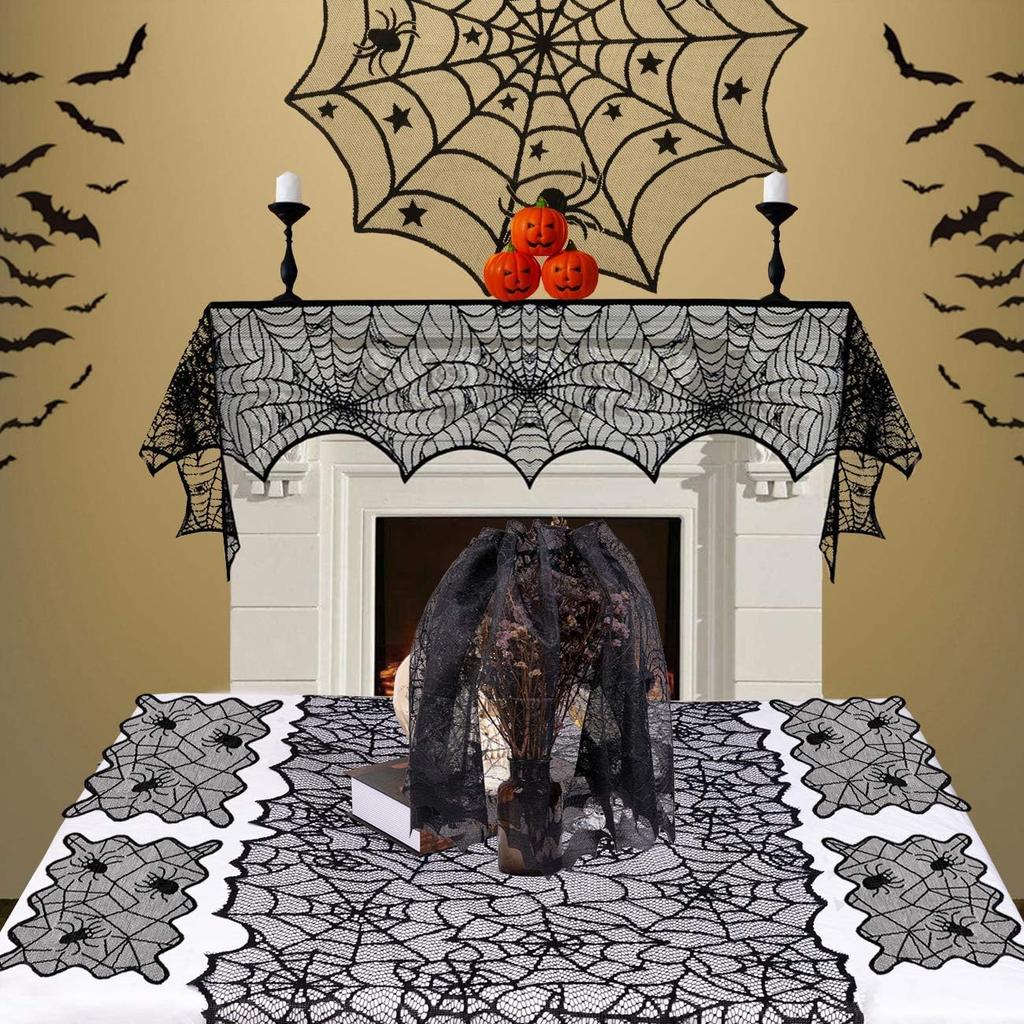 Halloweenowa Obrus Sieć Pajęcza Baner Stołowy Nietoperz Ręcznik na Kominek Dekoracja Abażuru do Domowego Przygotowania Imprezy Zestaw Dekoracji Wnętrz