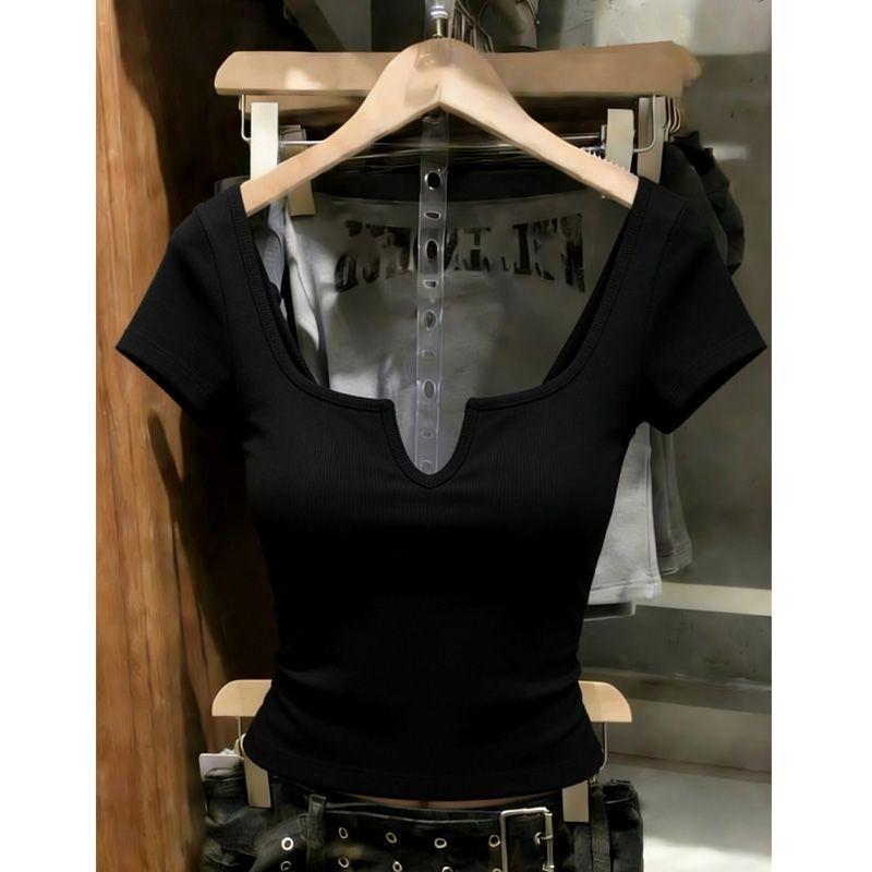 Premium solid color U-neck front shoulder short-sleeved T-shirt women's summer new super good-looking versatile slim-fitting thin short top
