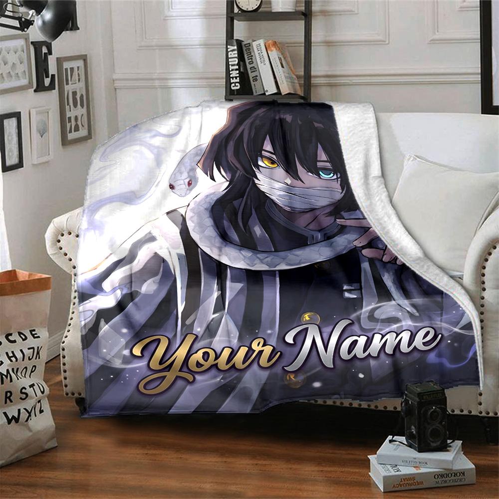1pc Iguro Obanai Blanket with Custom Name, Gift, for Men and Women, Soft Blanket, Good for Sofa Bed Couch Travel, Lightweight Flannel Blanket
