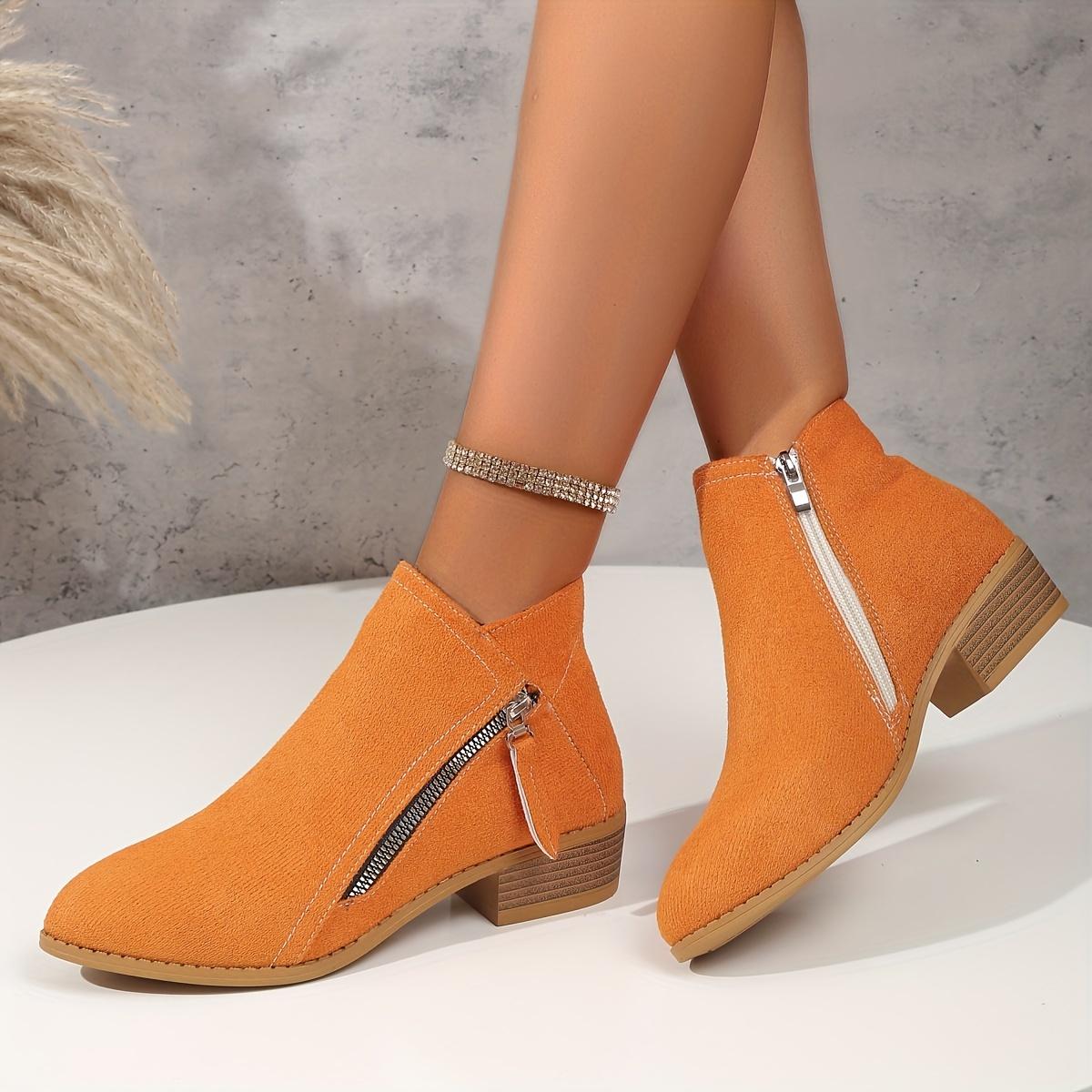 

Женские однотонные ботильоны на толстом каблуке, повседневные ботинки с боковой молнией и острым носком, удобные ботильоны до щиколотки Size 43 мандарин желтый
